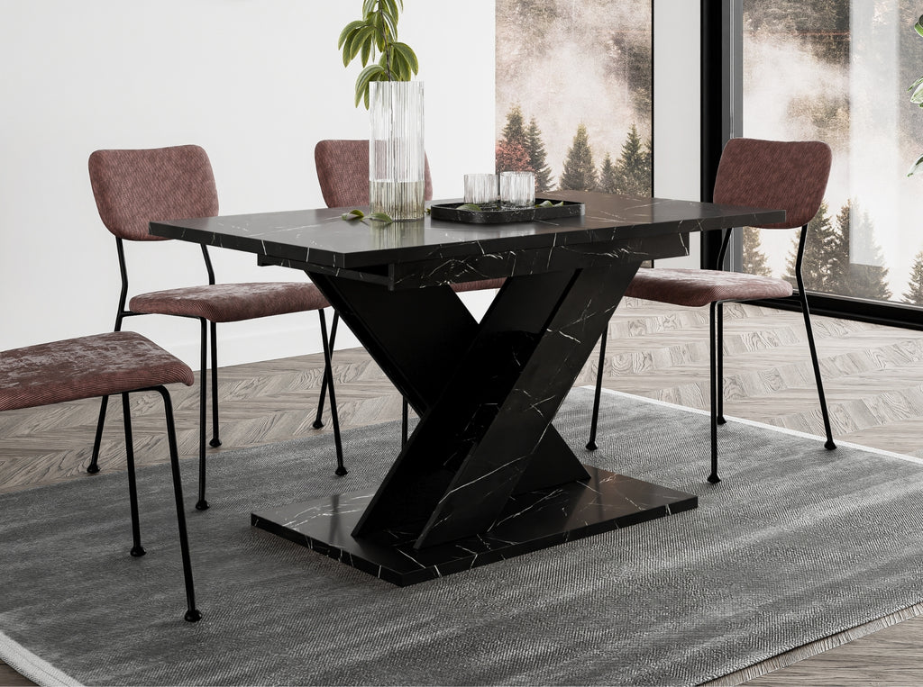 Modern kitchen table TOXX featuring a durable black royal marble effect tabletop and black X-frame pedestal base, extending function ideal for contemporary kitchens and dining areas.