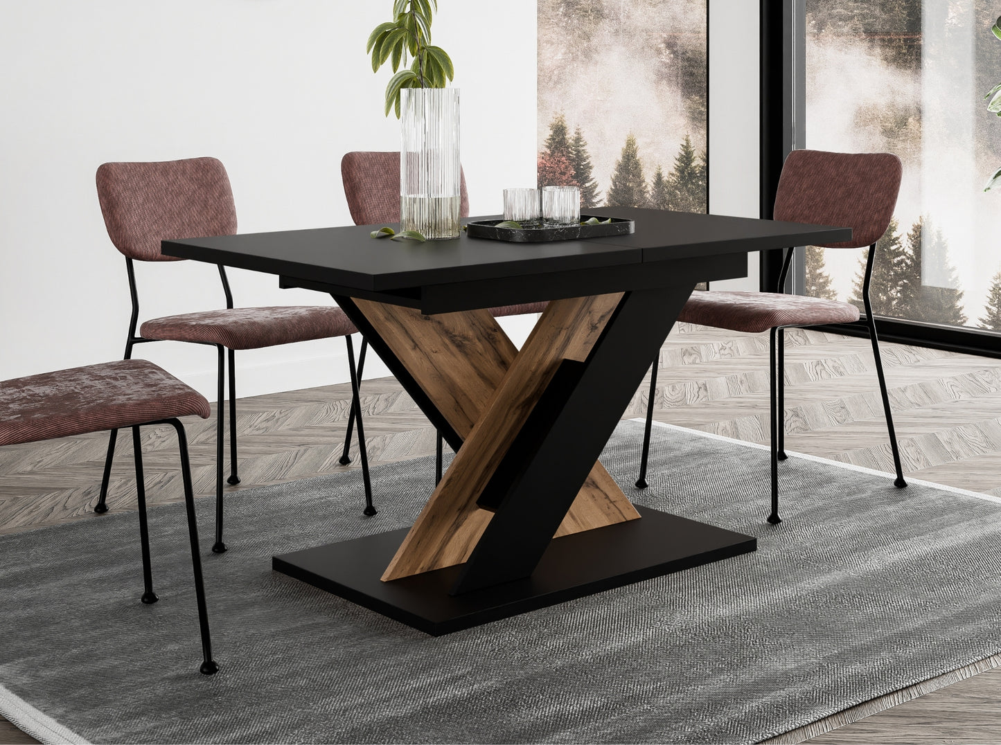 Modern kitchen table TOXX featuring a durable black rectangular tabletop and wotan oak effect X-frame pedestal base, extending function ideal for contemporary kitchens and dining areas.