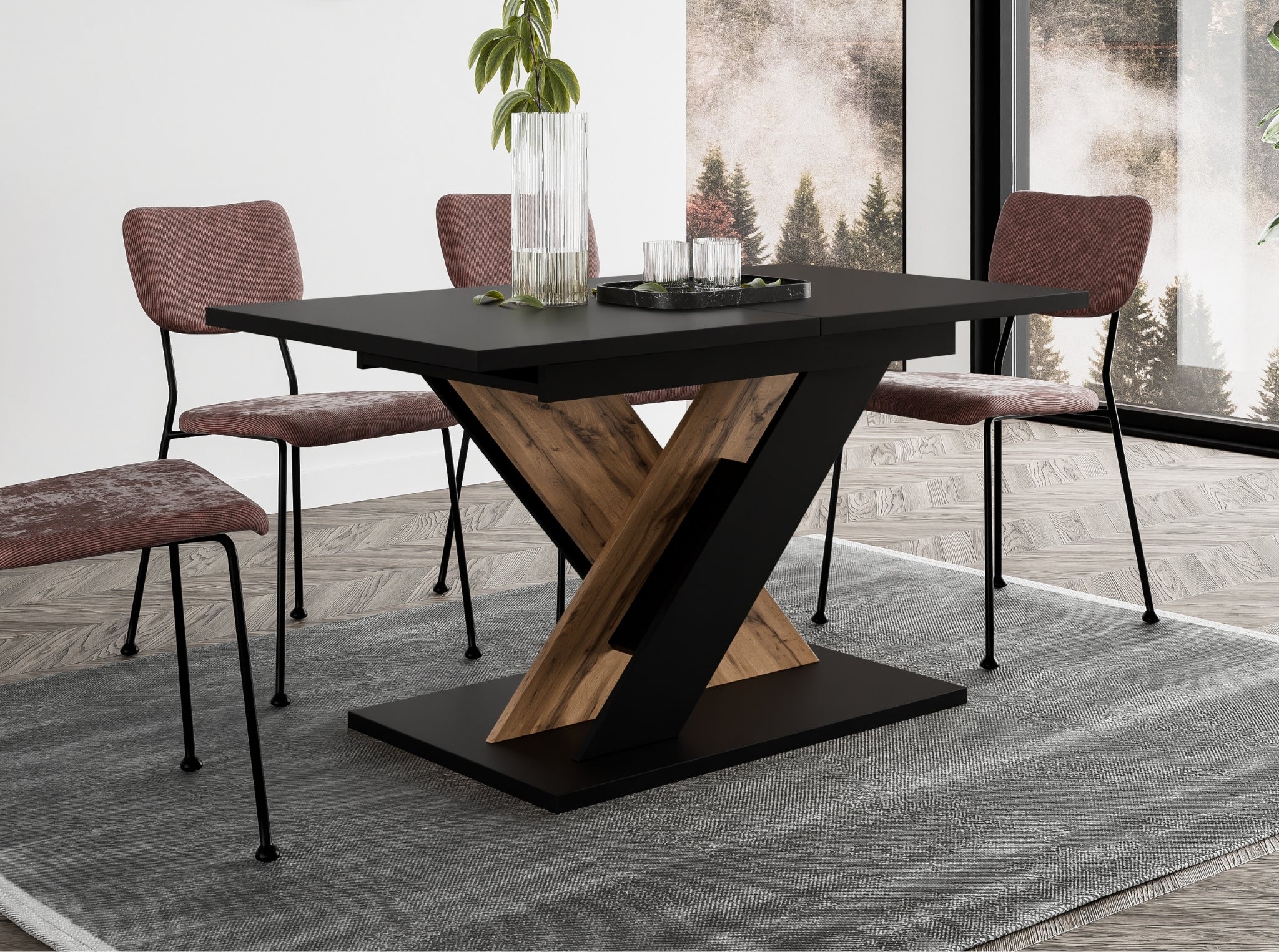 Modern kitchen table TOXX featuring a durable black rectangular tabletop and wotan oak effect X-frame pedestal base, extending function ideal for contemporary kitchens and dining areas.