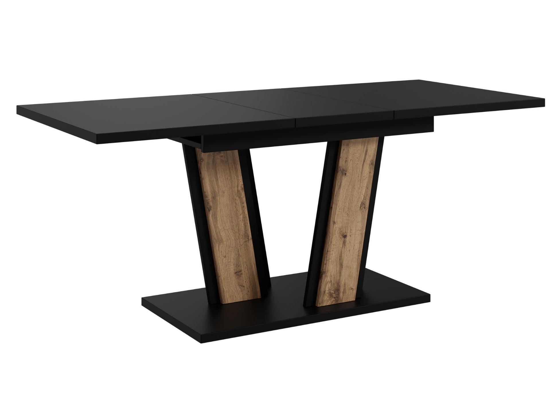 Contemporary dining table Muss featuring a matte black tabletop and a pedestal base with wotan oak effect panels and black frame, compact extending design ideal for modern interiors.