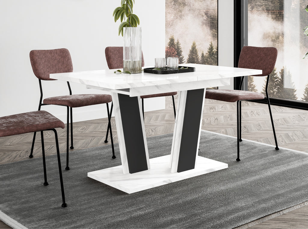 Contemporary dining table Muss featuring a white marble look tabletop and solid black pedestal base, extending design suitable for modern kitchens and dining rooms, compact size for everyday family use.