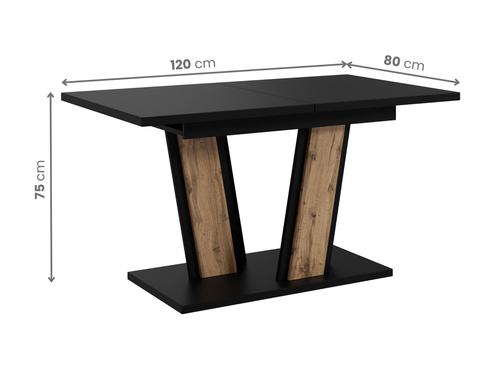 Extending dining table Muss with visible dimensions: length 120 cm extending to 160 cm, width 80 cm and height 75 cm, black rectangular tabletop and sturdy base with wotan oak effect detailing.
