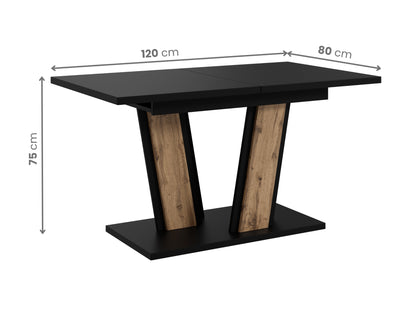 Extending dining table Muss with visible dimensions: length 120 cm extending to 160 cm, width 80 cm and height 75 cm, black rectangular tabletop and sturdy base with wotan oak effect detailing.