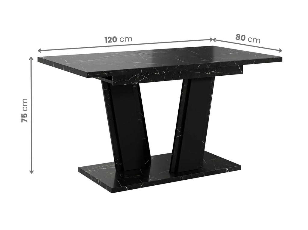 Extending dining table Muss with visible dimensions: length 120 cm extending to 160 cm, width 80 cm and height 75 cm, rectangular black marble effect tabletop supported by a stable black base.