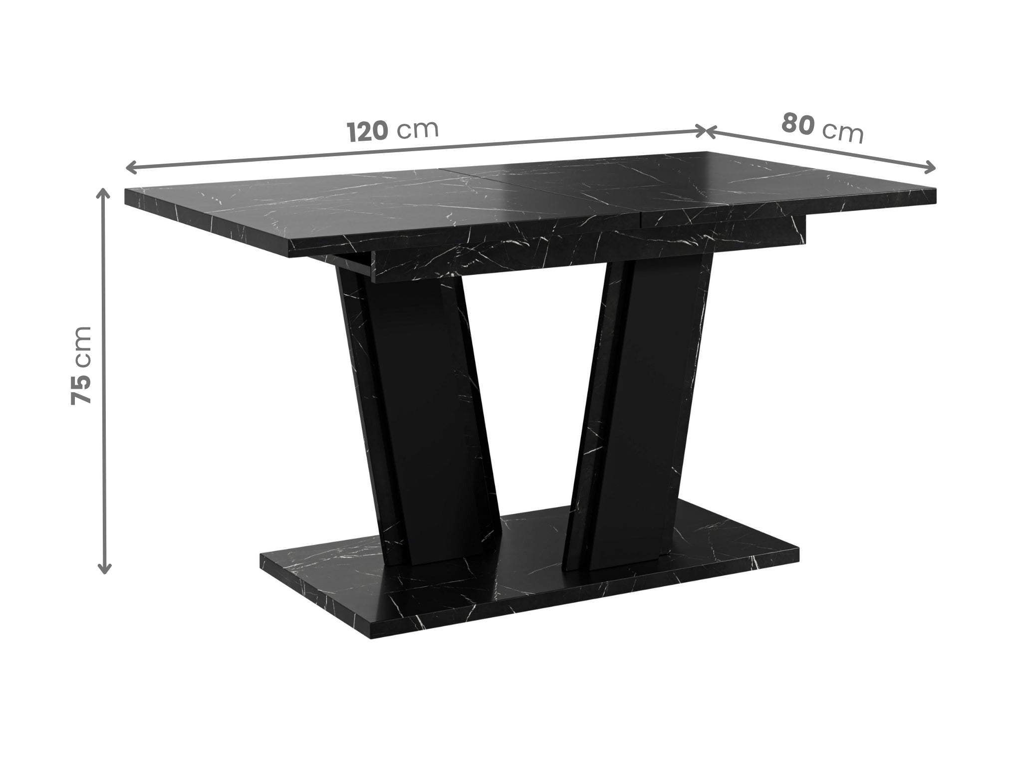 Extending dining table Muss with visible dimensions: length 120 cm extending to 160 cm, width 80 cm and height 75 cm, rectangular black marble effect tabletop supported by a stable black base.