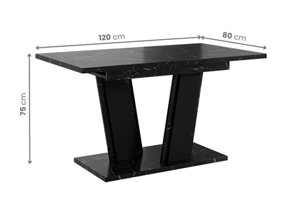 Extending dining table Muss with visible dimensions: length 120 cm extending to 160 cm, width 80 cm and height 75 cm, rectangular black marble effect tabletop supported by a stable black base.