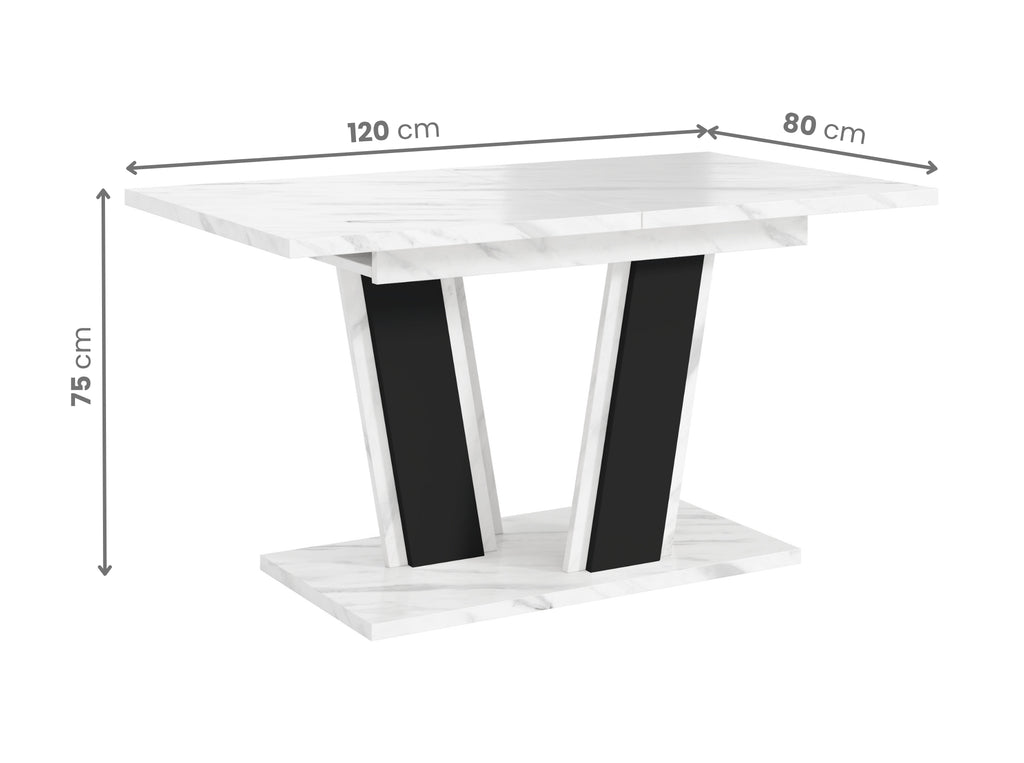 Extending dining table Muss with visible technical dimensions: length 120–160 cm when extended, width 80 cm, height 75 cm, rectangular white tabletop and black V-shaped pedestal base.