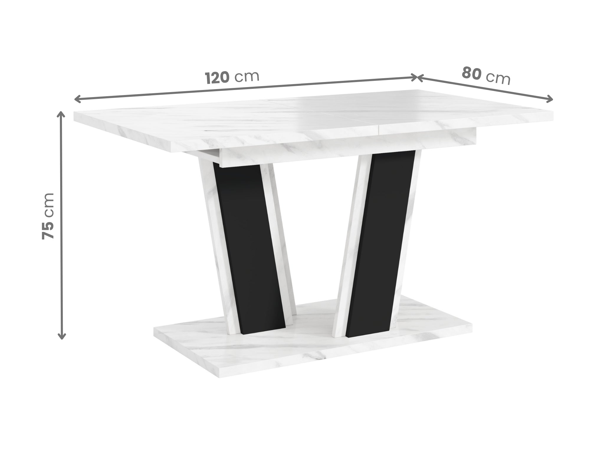 Extending dining table Muss with visible technical dimensions: length 120–160 cm when extended, width 80 cm, height 75 cm, rectangular white tabletop and black V-shaped pedestal base.