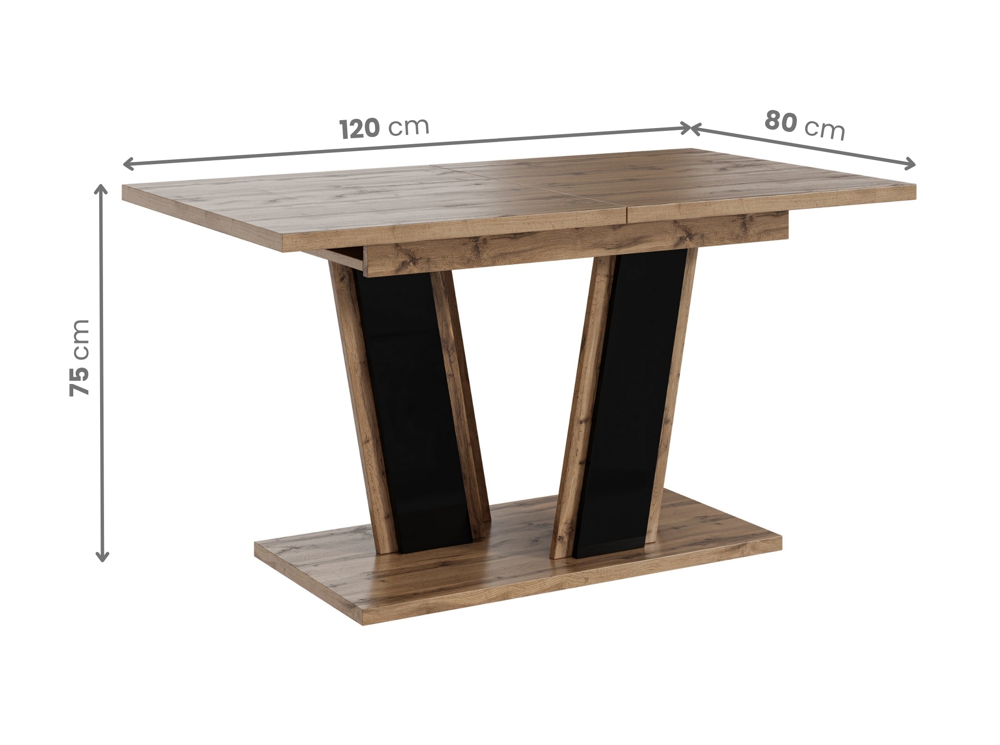 Extending dining table Muss with visible dimensions: length 120 cm extending to 160 cm, width 80 cm and height 75 cm, rectangular wotan effect tabletop supported by a sturdy black gloss base.
