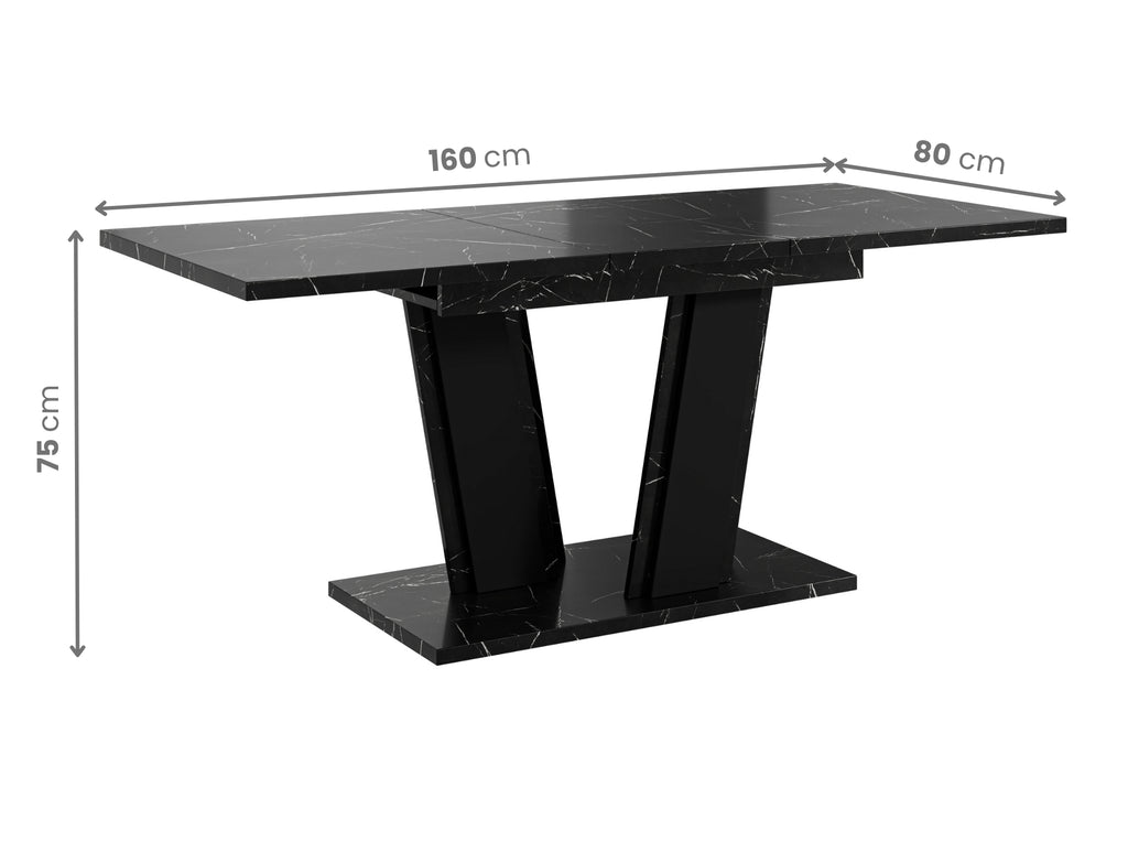 Modern extending table Muss with clearly marked measurements, black marble effect rectangular tabletop measuring 120–160 × 80 × 75 cm, sturdy black pedestal base designed for everyday dining use.