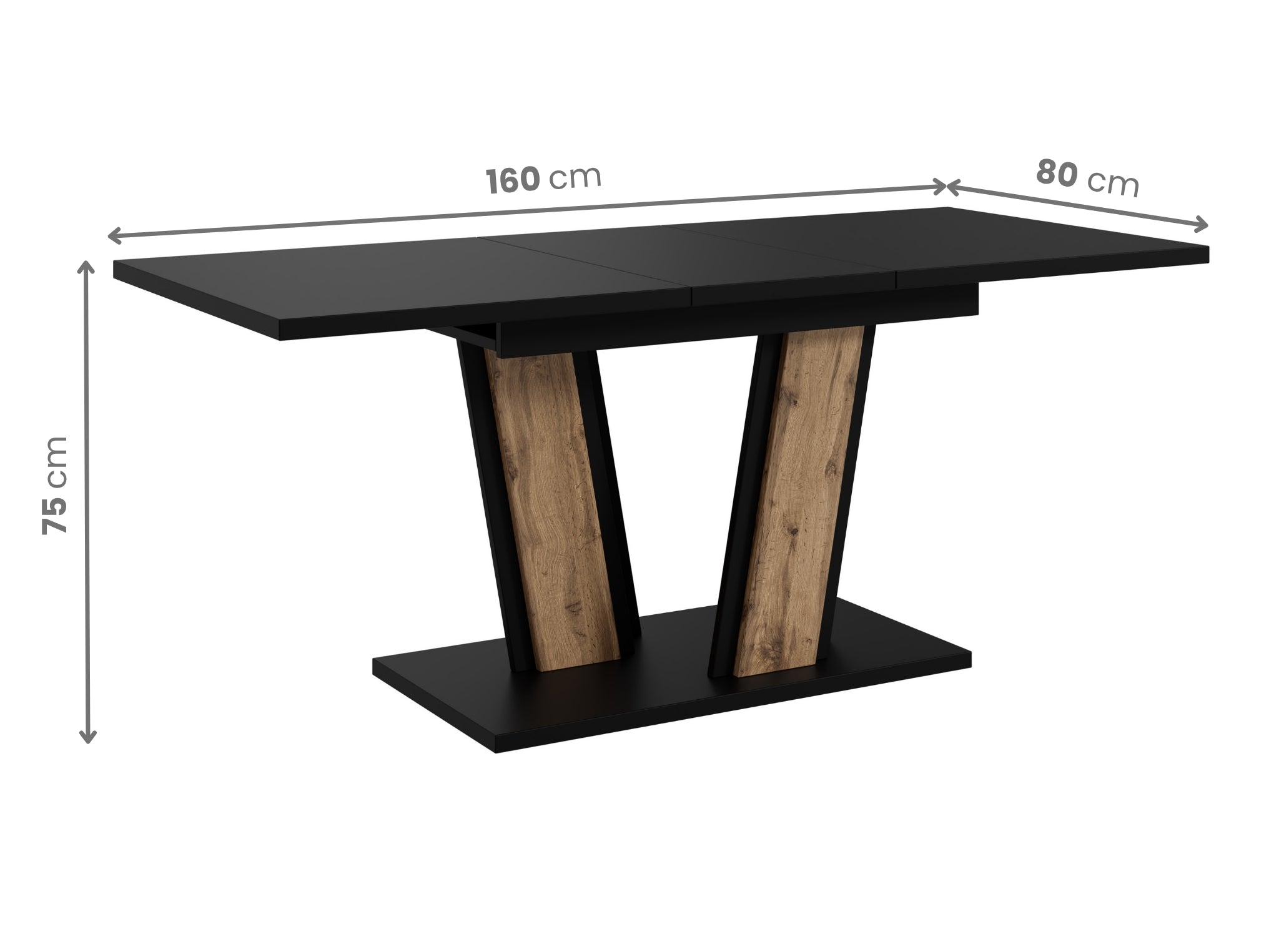 Modern extending table Muss with clearly marked measurements, black tabletop measuring 120–160 × 80 × 75 cm, pedestal base combining black structure with wotan oak effect panels.
