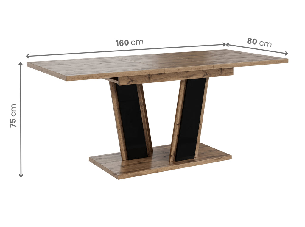 Modern extending table Muss with clearly marked measurements, wotan effect rectangular tabletop measuring 120–160 × 80 × 75 cm, stable pedestal base in a black gloss finish.