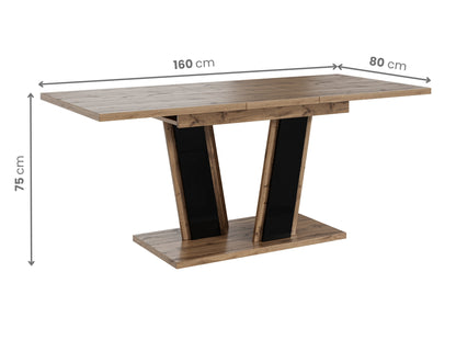 Modern extending table Muss with clearly marked measurements, wotan effect rectangular tabletop measuring 120–160 × 80 × 75 cm, stable pedestal base in a black gloss finish.
