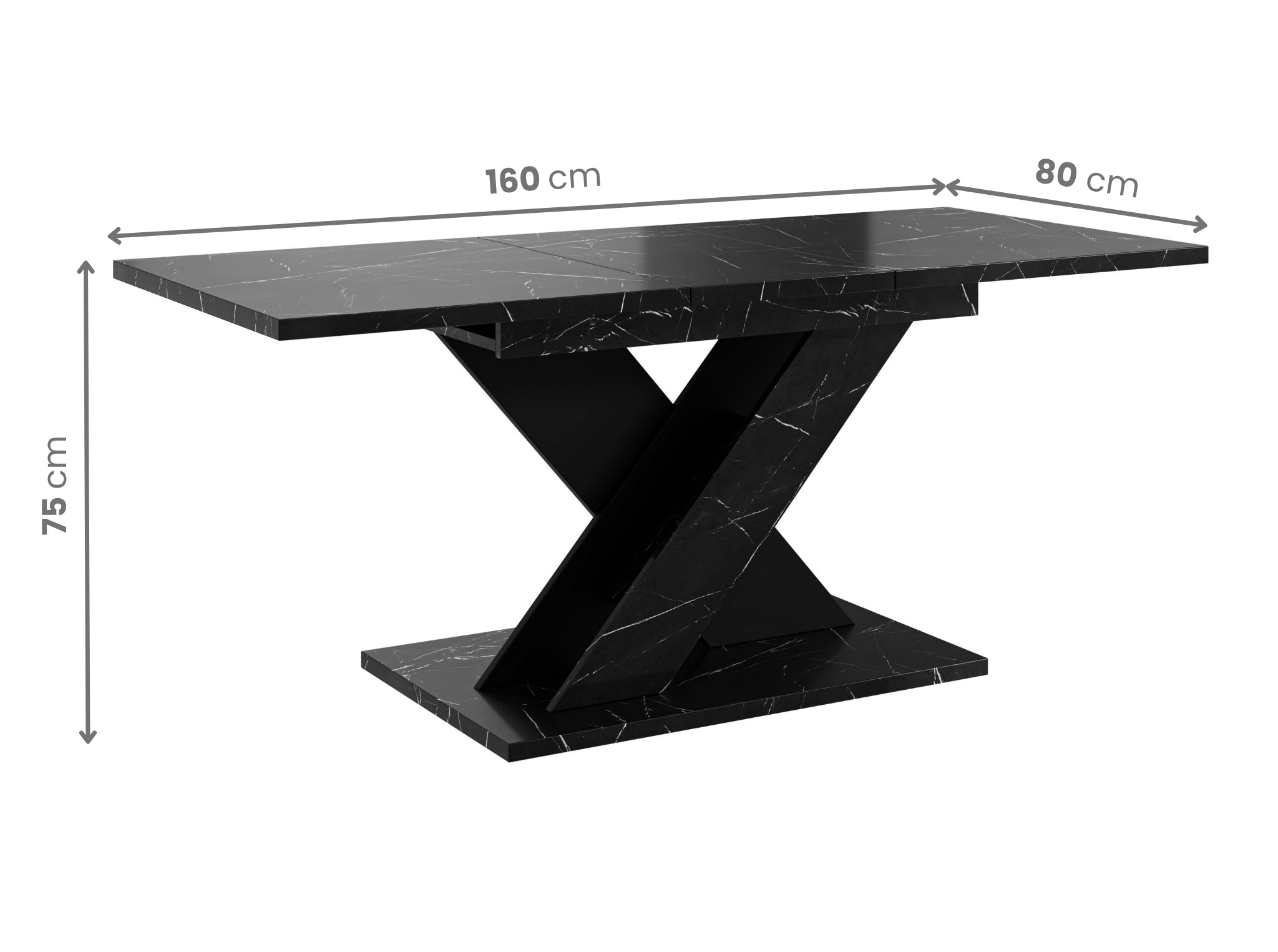 Modern extending table TOXX with clearly marked measurements, black royal marble effect rectangular tabletop measuring 120–160 × 80 × 75 cm, pedestal base in a solid black finish formed in an X shape.