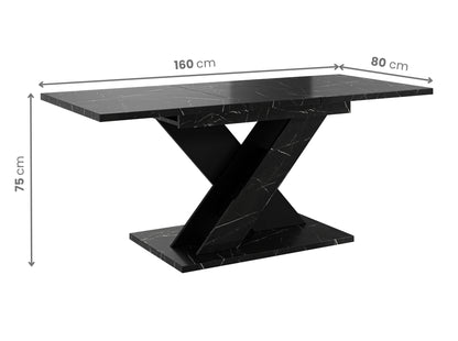 Modern extending table TOXX with clearly marked measurements, black royal marble effect rectangular tabletop measuring 120–160 × 80 × 75 cm, pedestal base in a solid black finish formed in an X shape.