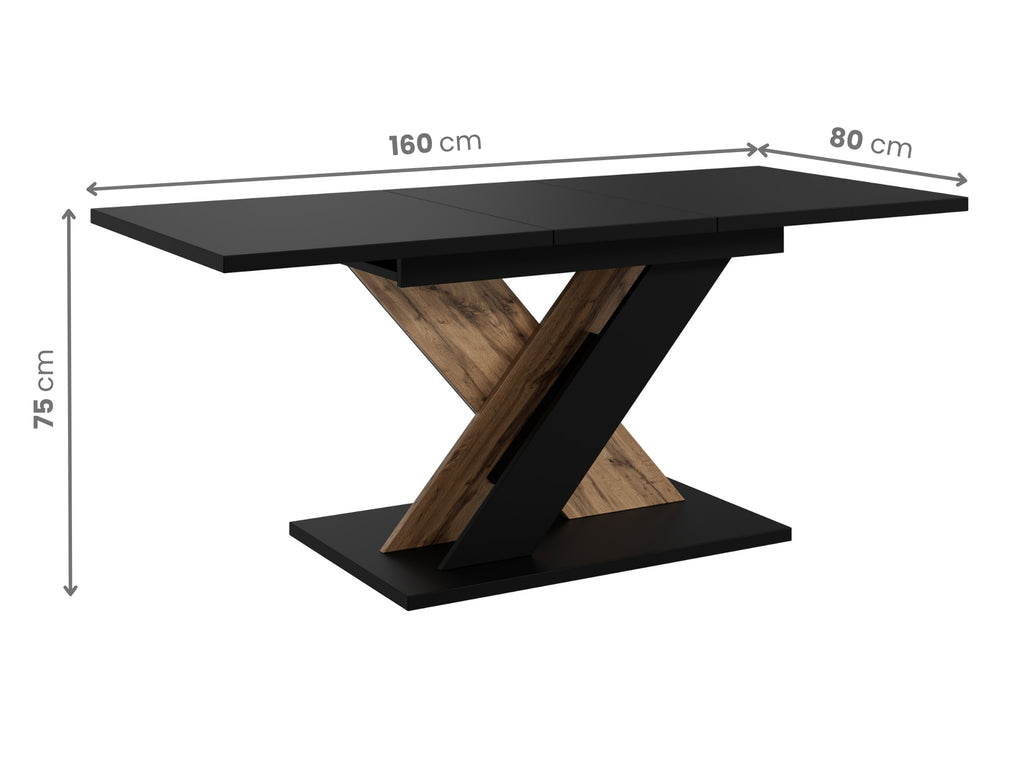 Modern extending table TOXX with clearly marked measurements, black rectangular tabletop measuring 120–160 × 80 × 75 cm, pedestal base combining black structure with wotan oak effect panels in an X shape.
