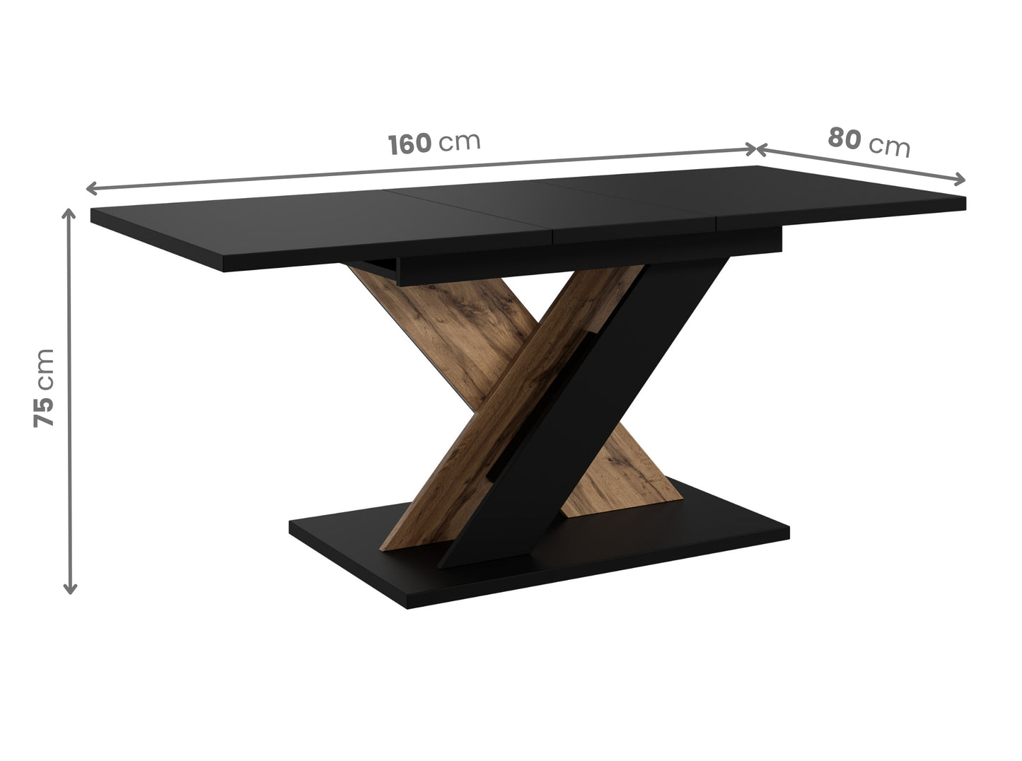 Modern extending table TOXX with clearly marked measurements, black rectangular tabletop measuring 120–160 × 80 × 75 cm, pedestal base combining black structure with wotan oak effect panels in an X shape.