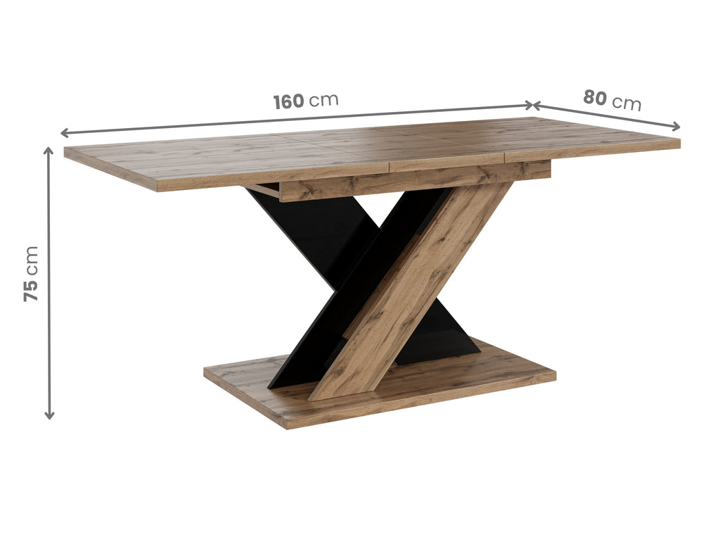Modern extending table TOXX with clearly marked measurements, wotan oak effect rectangular tabletop measuring 120–160 × 80 × 75 cm, pedestal base in a high gloss black finish formed in an X shape.