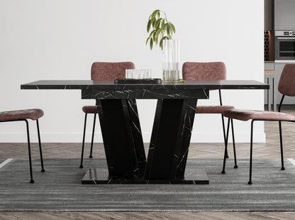 Space-saving extending dining table Muss with black marble effect rectangular tabletop and black base, compact design measuring 120–160 cm in length, suitable for modern interiors and smaller dining rooms.