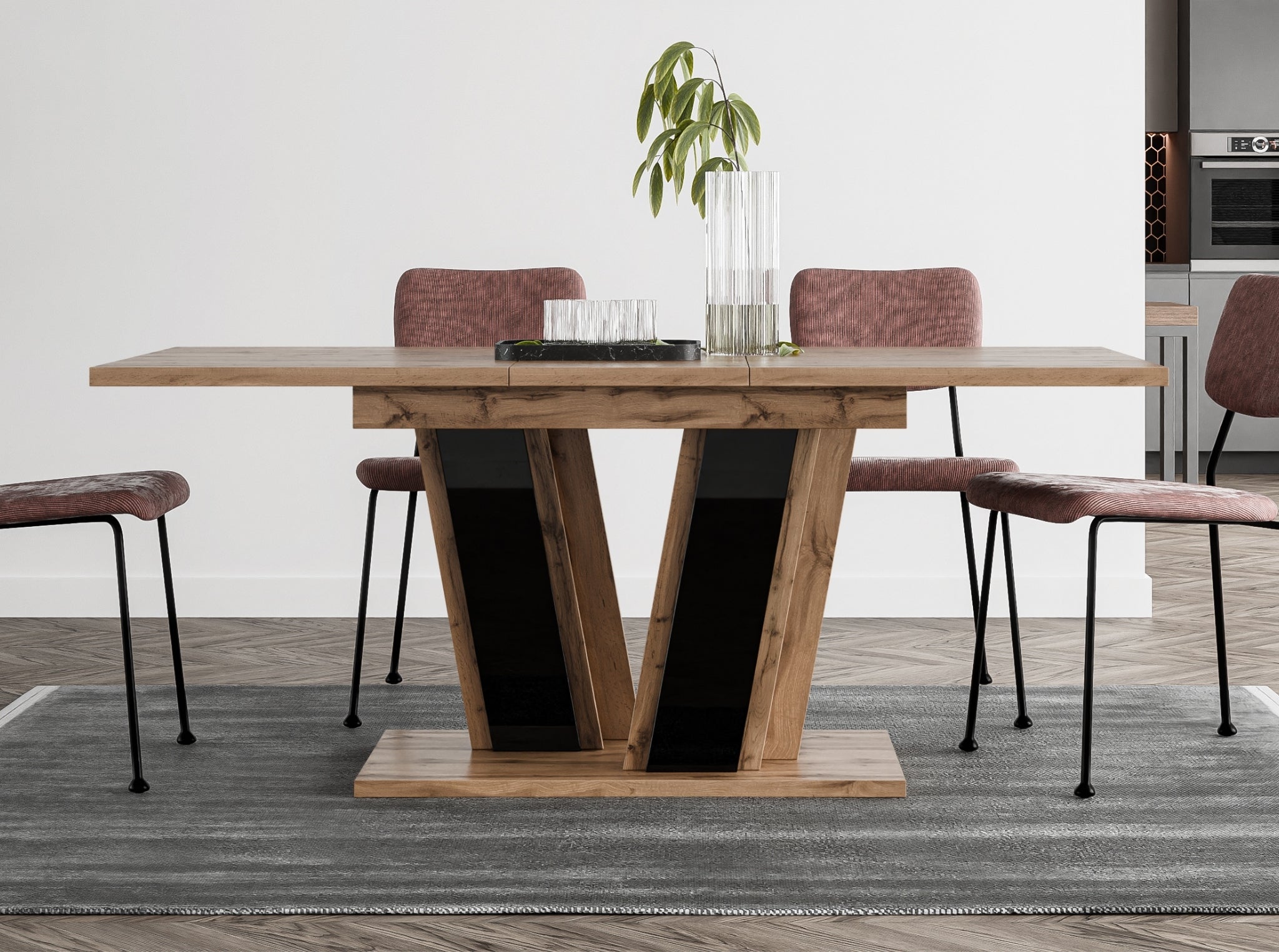 Space-saving extending dining table Muss with wotan effect rectangular tabletop and black gloss base, compact design extending from 120 to 160 cm, suitable for modern interiors and smaller dining rooms.