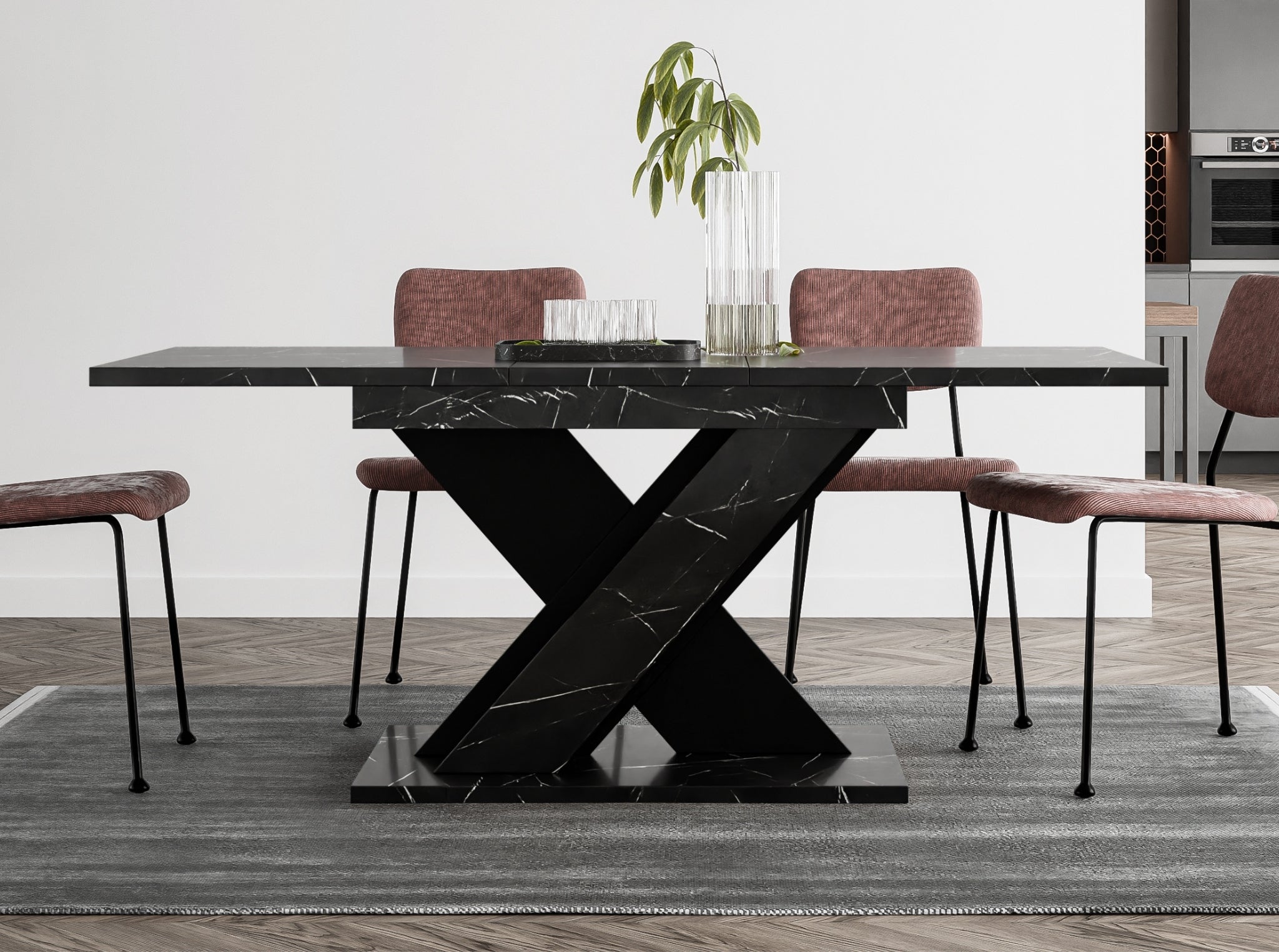 Space-saving extending dining table TOXX with black royal marble effect rectangular tabletop and black base, compact design extending from 120 to 160 cm, suitable for modern interiors and smaller dining rooms.