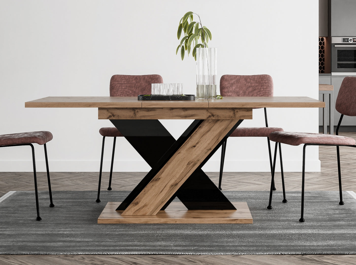 Space-saving extending dining table TOXX with wotan oak effect rectangular tabletop and black gloss X-shaped base, compact design extending from 120 to 160 cm, suitable for modern interiors and smaller dining rooms.