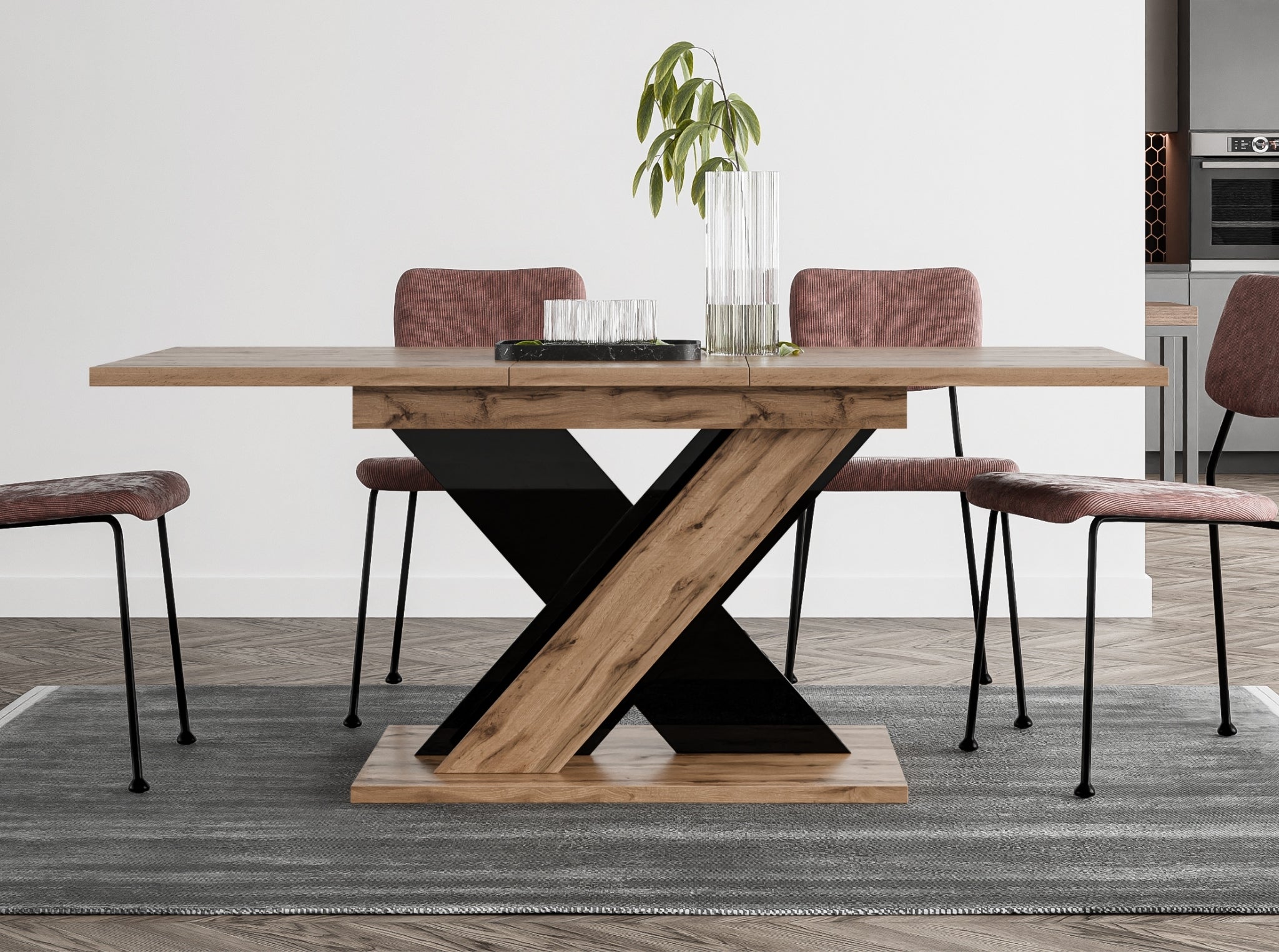 Space-saving extending dining table TOXX with wotan oak effect rectangular tabletop and black gloss X-shaped base, compact design extending from 120 to 160 cm, suitable for modern interiors and smaller dining rooms.