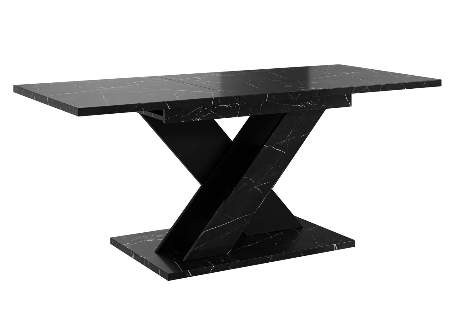Contemporary dining table TOXX with a black royal marble look tabletop and sturdy black pedestal base in a distinctive X-shaped design, compact extending table suitable for modern dining rooms and kitchens.