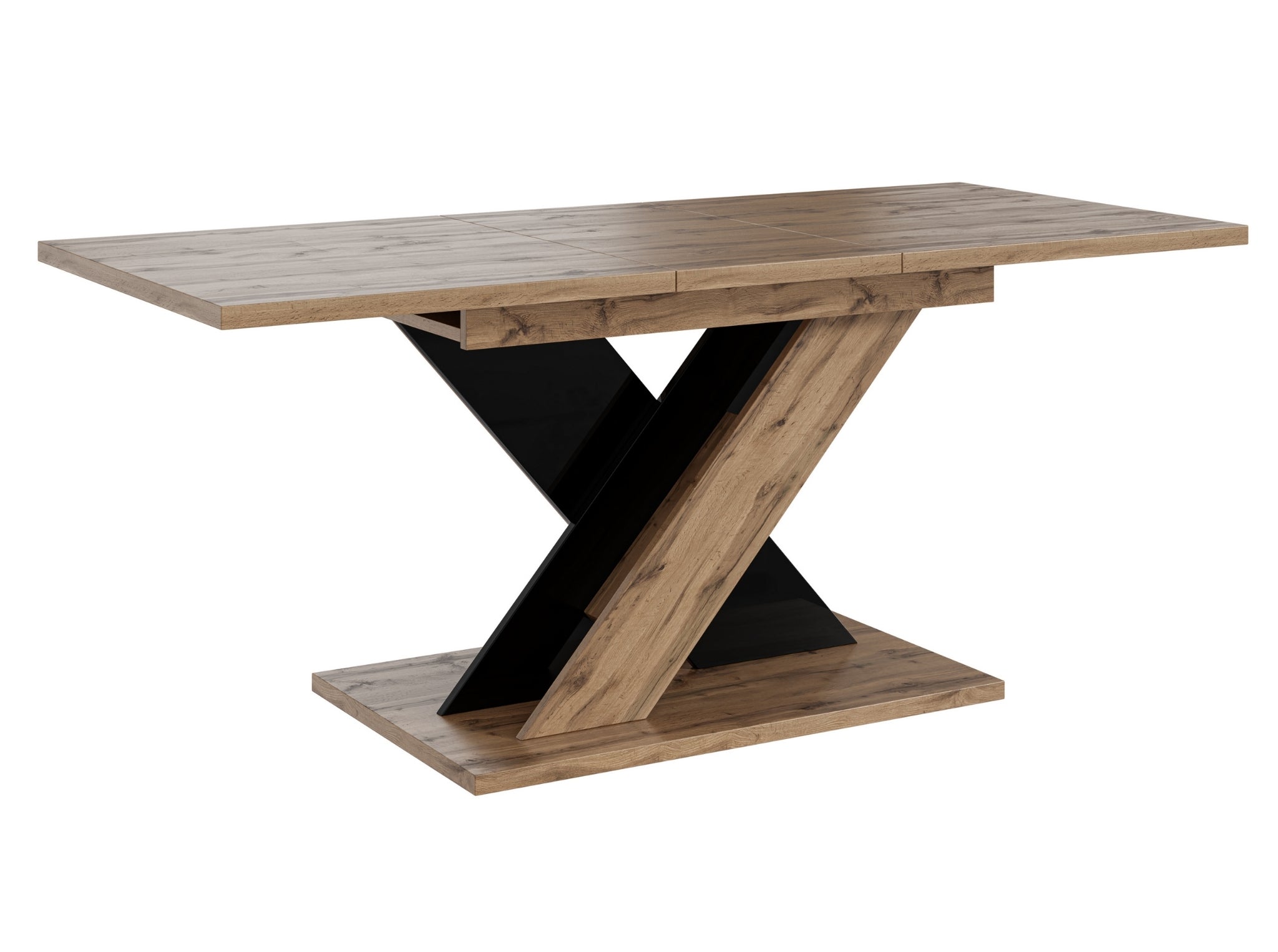 Contemporary dining table TOXX with a natural wotan oak effect tabletop and sturdy black gloss base in a distinctive X-shaped design, compact extending table suitable for modern dining rooms and kitchens.