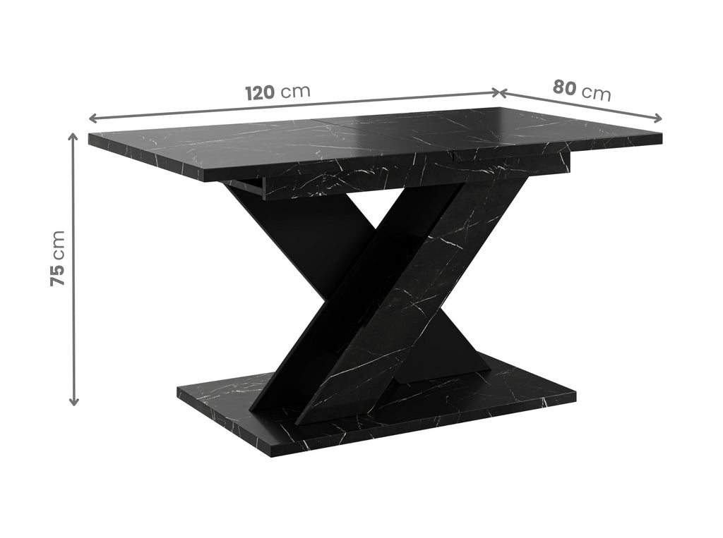 Extending dining table TOXX with visible dimensions: length 120 cm extending to 160 cm, width 80 cm and height 75 cm, rectangular black royal marble effect tabletop supported by a stable black base.