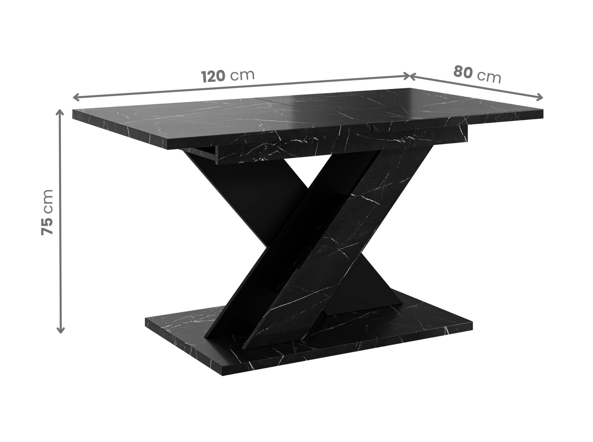 Extending dining table TOXX with visible dimensions: length 120 cm extending to 160 cm, width 80 cm and height 75 cm, rectangular black royal marble effect tabletop supported by a stable black base.