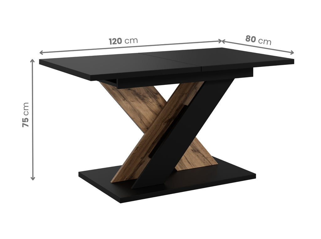 Extending dining table TOXX with visible dimensions: length 120 cm extending to 160 cm, width 80 cm and height 75 cm, rectangular black tabletop supported by a stable wotan oak effect X-shaped base.