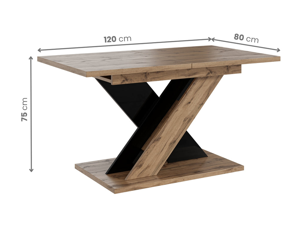 Extending dining table TOXX with visible dimensions: length 120 cm extending to 160 cm, width 80 cm and height 75 cm, rectangular wotan oak effect tabletop supported by a stable black gloss X-shaped base.